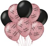 Ballon Happy Birthday roze zwart 12 inch per 8.