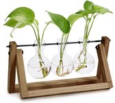 DWIH - Nordic style houten/glazen tripple vaas --- Geschikt voor stekjes, bloemen, waterplanten (Hydroponie)