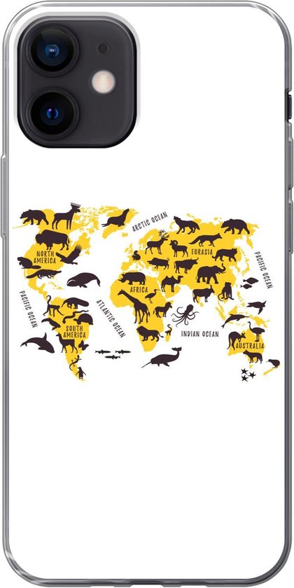 iPhone 12 hoesje - Wereldkaart - Dieren - Geel - Siliconen Telefoonhoesje |  bol.com
