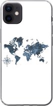 Geschikt voor iPhone 12 mini hoesje - Wereldkaart - blauw - Kompas - Siliconen Telefoonhoesje