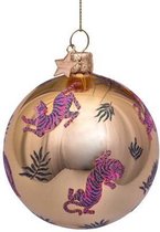 Glazen kerstbal glanzend goud met roze tijgers H8cm