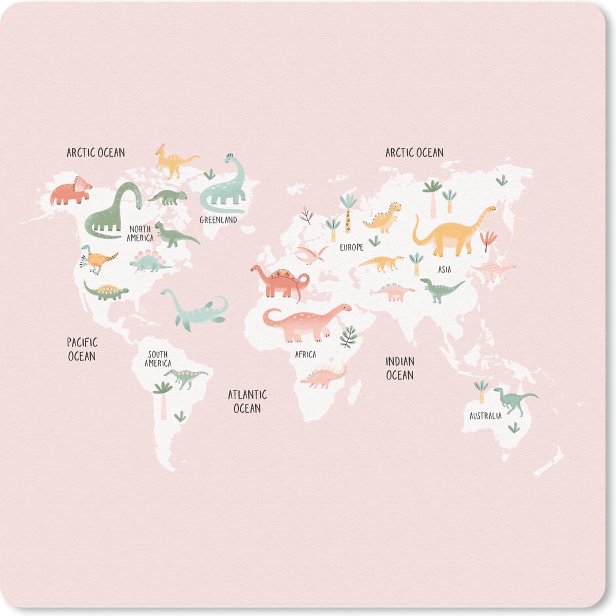 Muismat 20x20 cm - Mousepad Wereldkaart - Kinderen - Dinosaurussen - Muismatten
