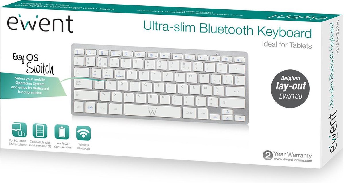 Ewent AZERTY Bluetooth voor mobiel Zilver, Wit - | bol.com