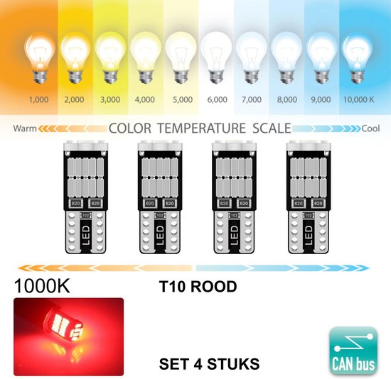 Met opzet Klaar kom T10 Led Lamp Rood (Set 4 stuks) 1000K Canbus 5W5 | 460 Lumen | Type  T26360-R | W5W |... | bol.com