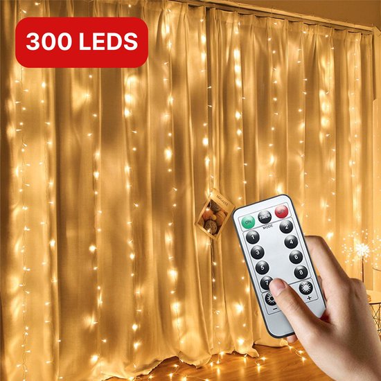 Nuvance - LED Lichtgordijn inclusief Afstandsbediening met 8 Standen - Kerstverlichting voor Binnen en Buiten - 300 Leds - 3x3 Meter - Warm Wit - Kerstversiering - Kerstdecoratie