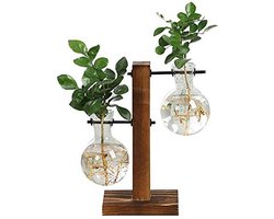 Houten/glazen vintage vaas met dubbel glas --- Geschikt voor stekjes, bloemen, waterplanten (Hydroponie)