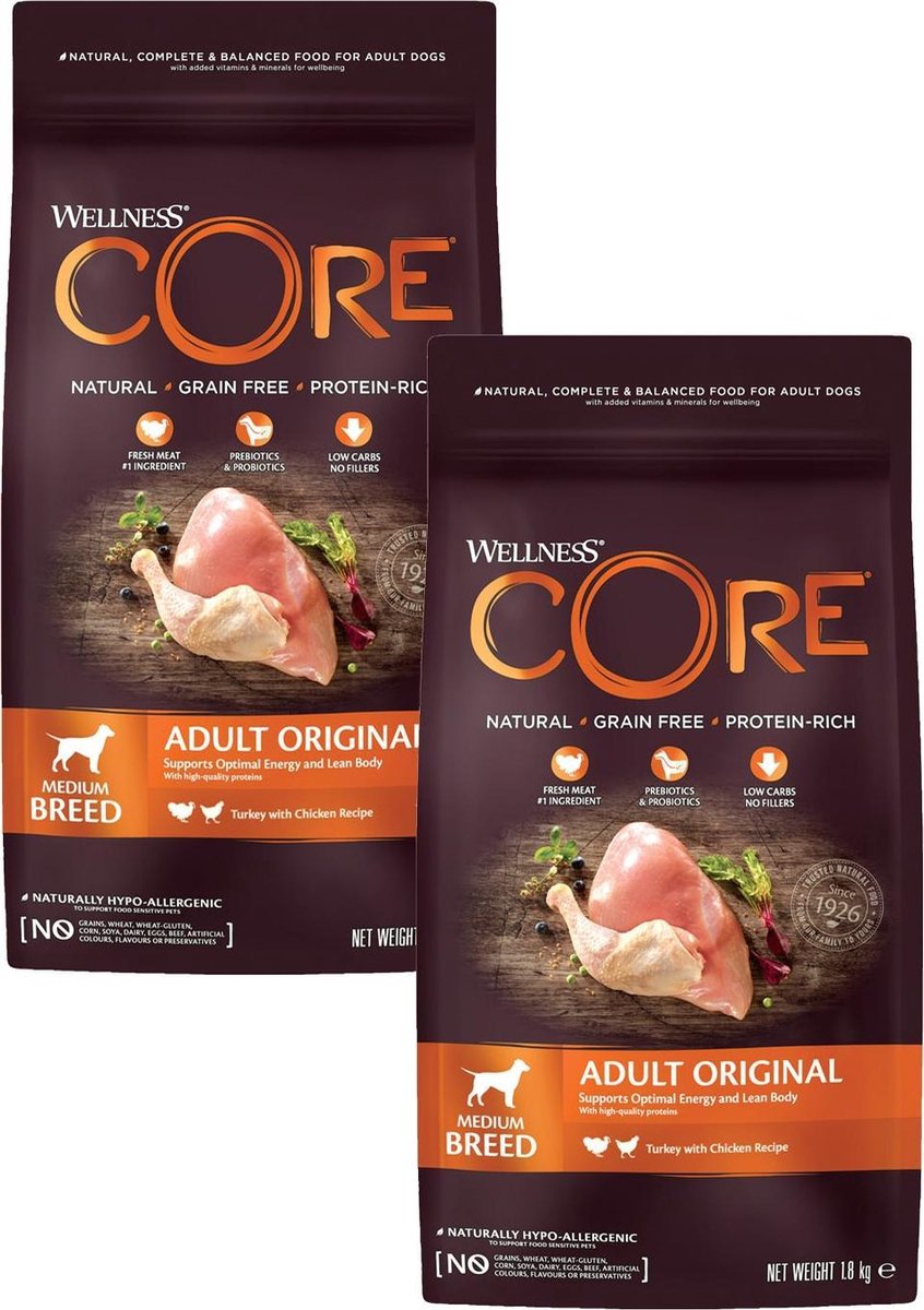 Wellness Core Wellness Core Grain Free Dog Original Kalkoen&Kip - Hondenvoer - 2 x 1.8 kg
