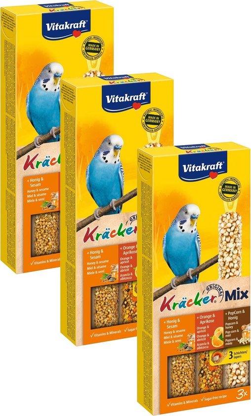 Foto: Vitakraft parkiet kracker 3 stuks vogelsnack 3 x honing sinaasappel popcorn