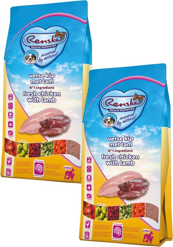Renske Puppy Kip&Lam&Rijst - Hondenvoer - 2 x 2 kg
