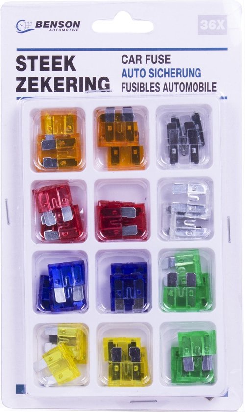 Benson verpakking met 36 auto steekzekeringen in diverse kleuren en ampères.