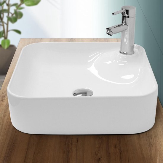 Lavabo carré 435x435x125 mm, blanc, céramique - avec bouchon de vidange sans trop-plein
