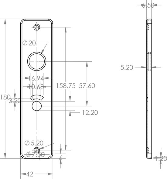 Technische tekening van een deurkruk schild met afmetingen.