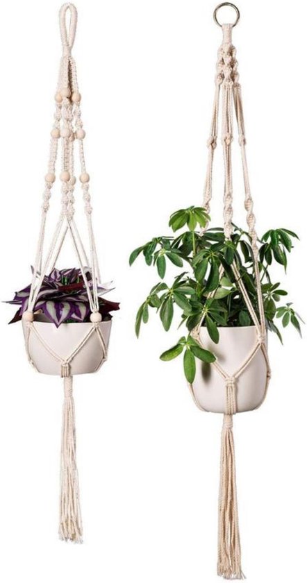 Fienosa - Hangpot - Plantenhanger - Plantenhanger Macrame - Kerstcadeau - Set van 2 - Wit - Knopen - Luxe Gevlochten Touw - met witte Ophang haken -Plantenpothanger