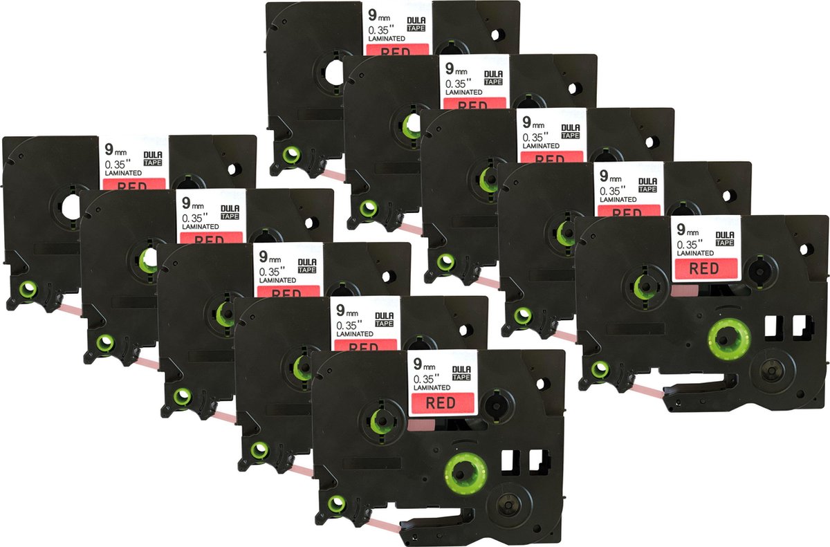 DULA - Brother Compatible Label Tape TZe-421 - 9 mm x 8 m - Zwart op Rood - TZe421 - 10 stuks