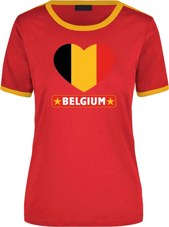 Belgium rood/geel ringer t-shirt Belgie vlag in hart - dames - landen shirt  -... | bol.