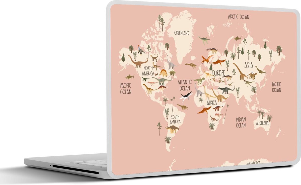 Laptop sticker - 12.3 inch - Wereldkaart - Kinderkamer - Dino's - Meisjes - Kinderen - Roze - 30x22cm - Laptopstickers - Laptop skin - Cover