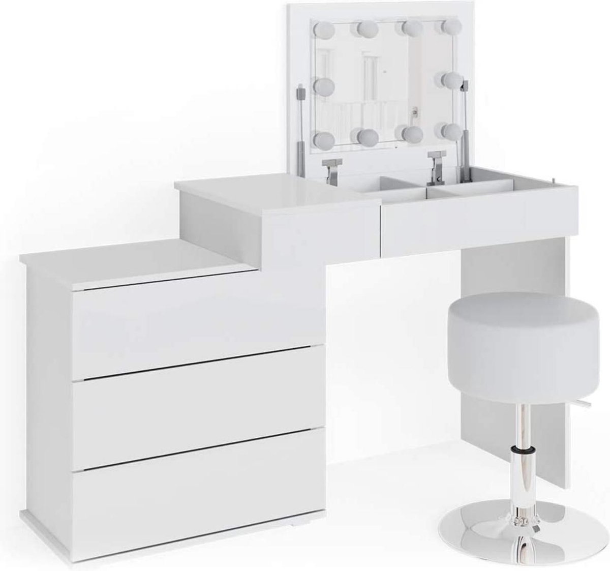 Kaptafel wit - met spiegel en krukje - hout - 75x40x147 cm
