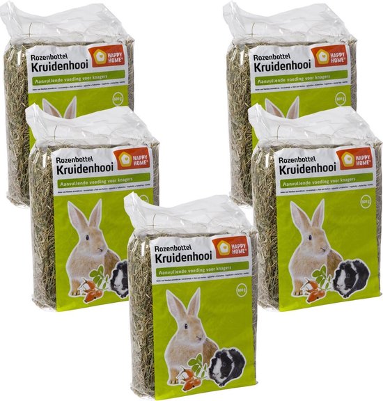 Vijf zakken Happy Home Kruidenhooi met rozenbottel en aanvullende voeding voor knagers. Op de zakken staat een konijn met een cavia.