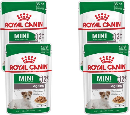 Royal Canin Mini Ageing 12+ voer, 4x 12x85g zakjes met een hondje.