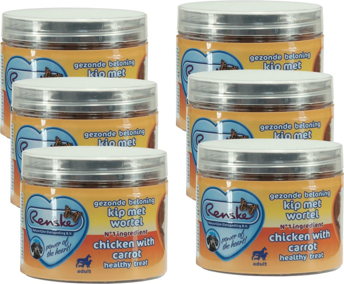 Renske Gezonde Beloning Hartjes 100 g - Hondensnacks - 6 x Kip&Wortel