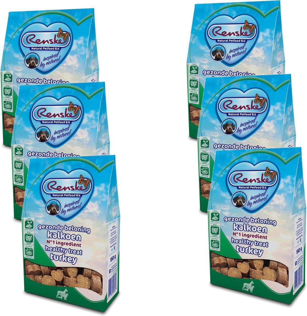 Renske Gezonde Beloning Hartjes 150 g - Hondensnacks - 6 x Kalkoen