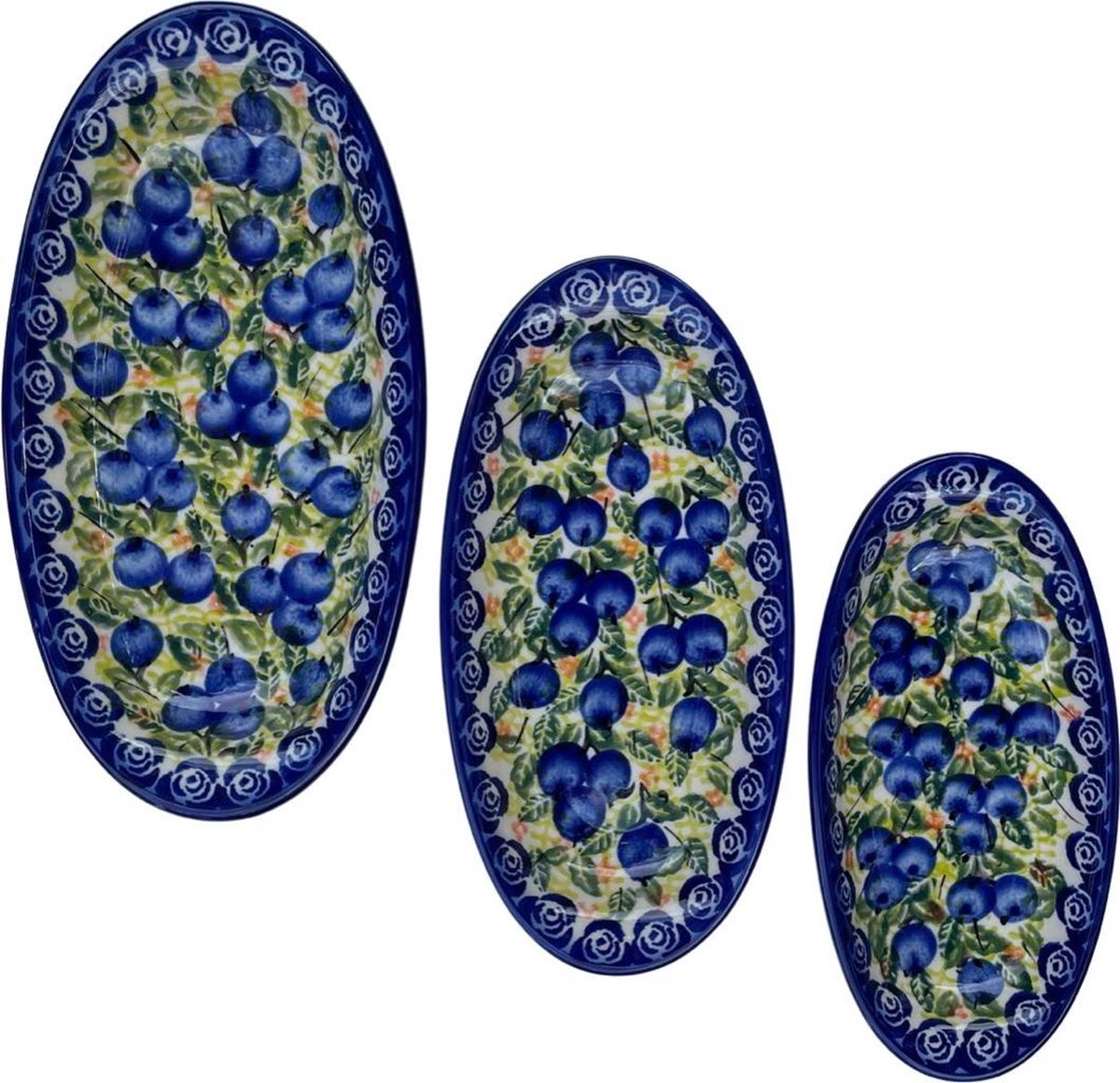 Kom - Hapjesschaal - Tapasschaal - Schaal - Hapjeskom - Bunzlau - Handmade - Handgemaakt - Handpainted - Handbeschilderd - Blauwe bessen - set 3