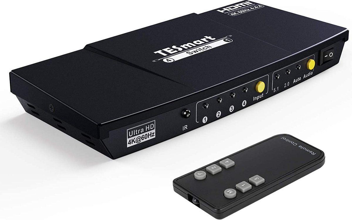 HDMI Schakelaar - 4 Poorten TESmart - Ultra HD 4x1 HDMI Switch - 4K@60Hz 4: 4: 4 met Auto 2.0/5.1 audio-uitgang en IR, HDR, 3D-afstandsbediening, voor Xbox 360 / One, PS4 / PS3, enz. (Zwart)