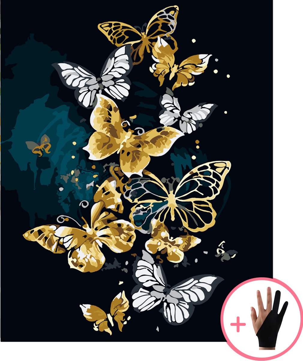 HobbyMania Schilderen Op Nummer Volwassenen - Vlinders - Tekenen voor volwassenen - 40x50 cm - Inclusief Verf Penselen en Tekenhandschoen - Kleuren Op Nummer - Paint By Number Volwassenen
