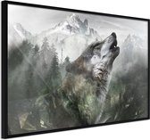 Ingelijste Poster - Huilende Wolf in de bergen ,Zwarte lijst