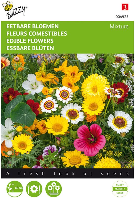 Een mengsel van eetbare bloemen met gele, witte, rode en roze bloemen.