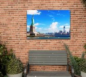 Panorama op het Vrijheidsbeeld en de skyline van New York - Foto op Tuinposter - 90 x 60 cm