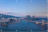 Luchtfoto van de skyline en grote Gwanganbrug in Busan - Foto op Tuinposter - 150 x 100 cm