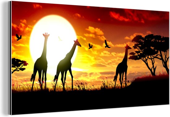 Wanddecoratie Metaal - Aluminium Schilderij Industrieel - Een illustratie van Afrikaanse giraffen tegen de zon - 40x20 cm - Dibond - Foto op aluminium - Industriële muurdecoratie - Voor de woonkamer/slaapkamer