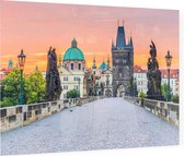 Karelsbrug, Oude Stad en Toren van Praag bij zonsopgang - Foto op Plexiglas - 90 x 60 cm