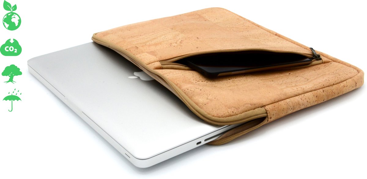 Laptophoes 13 inch/14 inch met extra vak - Kurk - Beschermhoes - Made in Portugal - Laptop tas - Laptop sleeve - laptop case - Compatibel met MacBook Pro, Air, HP, Asus, Notebook