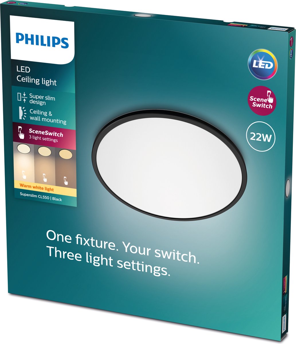 Philips SuperSlim plafondlamp - zwart - groot - warmwit licht - 22 W