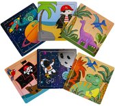 6 stuks houten puzzel kinderen , dinosaurus, piraat, ruimte - uitdeelcadeautje traktatie kinderverrassingen