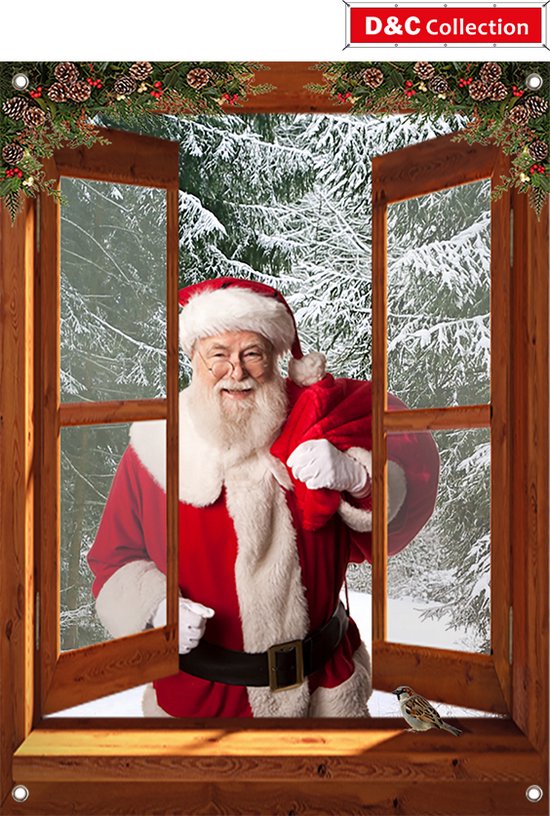 D&C Collection- tuinposter - 90x65 cm - bruin venster bos kerstman mus - kerstposter - winterposter - kerstdecoratie