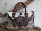 hand/schoudertas van canvas (leer/vacht)