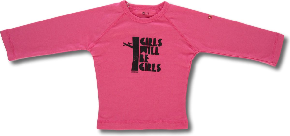 Twentyfourdips | T-shirt lange mouw baby met print 'Girls will be girls' | Roze | Maat 74 | In giftbox