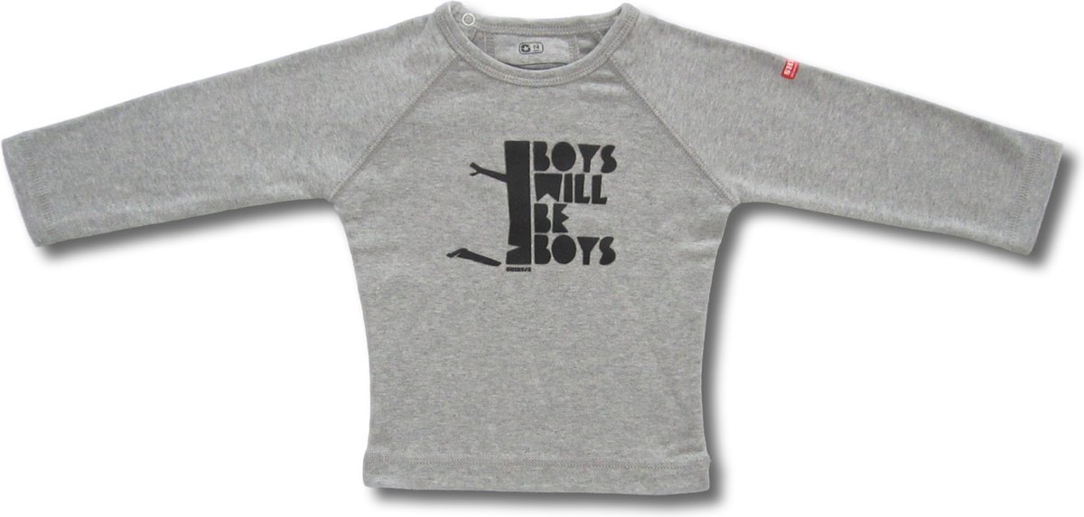 Twentyfourdips | T-shirt lange mouw baby met print 'Boys will be boys' | Grijs melee | Maat 74 | In giftbox