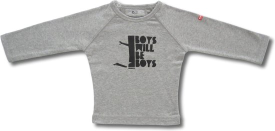 Twentyfourdips | T-shirt lange mouw baby met print 'Boys will be boys' | Grijs melee | Maat 80 | In giftbox