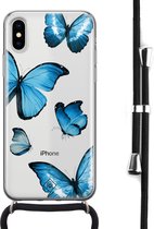 iPhone X/XS hoesje met koord - Blauwe vlinders | Apple iPhone Xs crossbody case | Zwart, Transparant | Geen opdruk