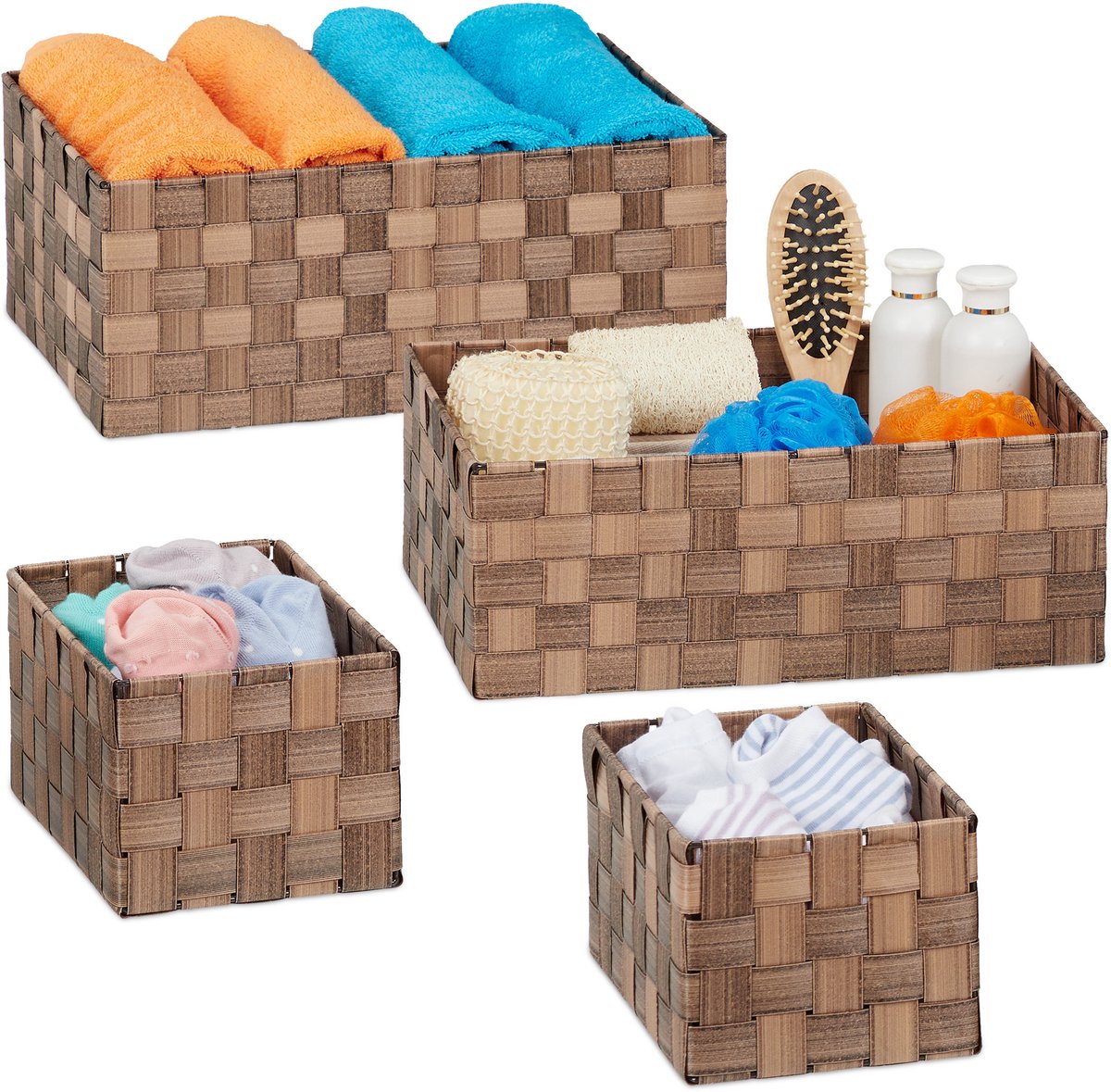 mandjes badkamer - set van 4 - gevlochten - 3 groottes - voor speelgoed - bruin