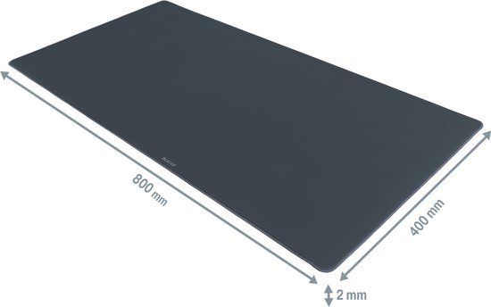 Donkergrijze bureauonderlegger van 800 mm x 400 mm met een dikte van 2 mm.