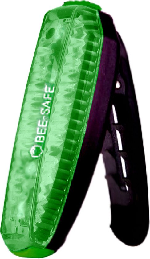 Groene BEE-SAFE clip-on LED-lamp, zijaanzicht met schaduw.
