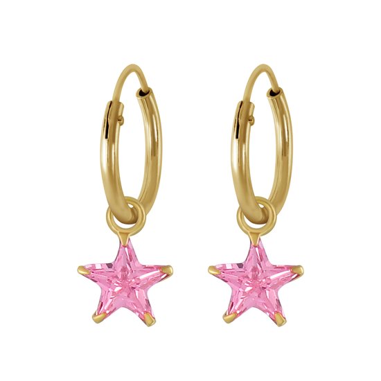 Joy|S - Zilveren ster bedel oorbellen - kristal roze - oorringen - 14k goudplating