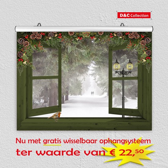 D&C Collection - poster - kerst poster - 60x45 cm - doorkijk - groen venster met roodborstje - winter poster - kerst decoratie- kerstinterieur - kerst wanddecoratie