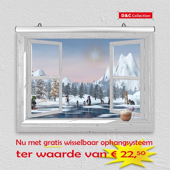 D&C Collection - kerst poster - 60x45 cm - doorkijk - wit venster met winterlandschap en spelende pinguins - winter poster - kerst decoratie