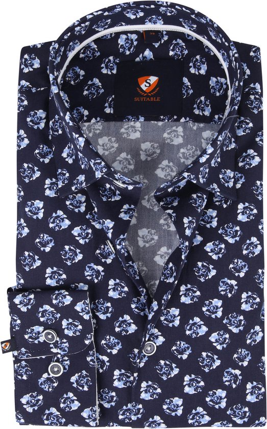 Suitable - Overhemd Bloemen Donkerblauw - 40 - Heren - Slim-fit